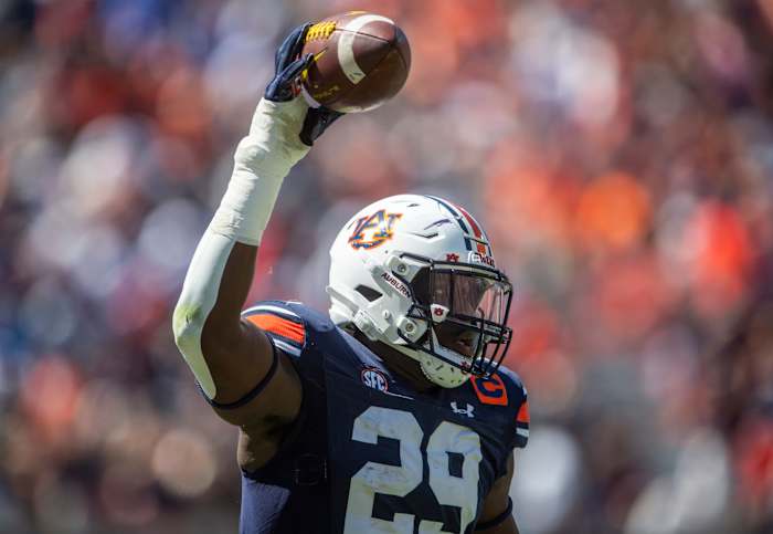 Auburn Tigers defensive lineman Derick Hall (29) celebrates his interception as Auburn Tigers take on Missouri Tigers at Jordan-Hare Stadium in Auburn, Ala., on Saturday, Sept. 24, 2022.